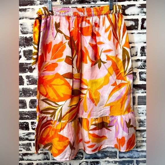 C&C California 100% Linen Tropical Print Faux Wrap Ruffle Midi Skirt Pockets L - Picture 3 of 6
